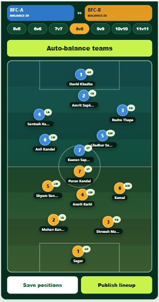 Team Planner lineup preview with two balanced football teams on a pitch